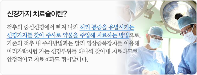 신경가지 치료술이란? 척추의 중심신경에서 빠져 나와 허리 통증을 유발시키는신경가지를 찾아 주사로 약물을 주입해 치료하는 방법으로,기존의 척추 내 주사방법과는 달리 영상증폭장치를 이용해 머리카락처럼 가는 신경부위를 하나씩 찾아내 치료하므로 안정적이고 치료효과도 뛰어납니다.